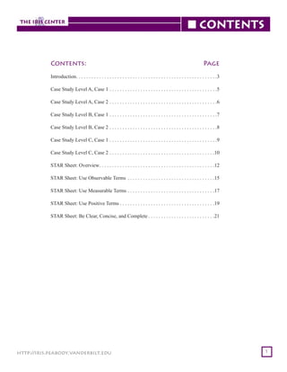 Contents: 	

Page

Introduction  .  .  .  .  .  .  .  .  .  .  .  .  .  .  .  .  .  .  .  .  .  .  .  .  .  .  .  .  .  .  .  .  .  .  .  .  .  .  .  .  .  .  .  .  .  .  .  .  .  .  .  .  . 3
. .
Case Study Level A, Case 1.  .  .  .  .  .  .  .  .  .  .  .  .  .  .  .  .  .  .  .  .  .  .  .  .  .  .  .  .  .  .  .  .  .  .  .  .  .  .  .  .  . 5
Case Study Level A, Case 2 . .  .  .  .  .  .  .  .  .  .  .  .  .  .  .  .  .  .  .  .  .  .  .  .  .  .  .  .  .  .  .  .  .  .  .  .  .  .  .  .  . 6
Case Study Level B, Case 1.  .  .  .  .  .  .  .  .  .  .  .  .  .  .  .  .  .  .  .  .  .  .  .  .  .  .  .  .  .  .  .  .  .  .  .  .  .  .  .  .  . 7
Case Study Level B, Case 2 . .  .  .  .  .  .  .  .  .  .  .  .  .  .  .  .  .  .  .  .  .  .  .  .  .  .  .  .  .  .  .  .  .  .  .  .  .  .  .  .  . 8
Case Study Level C, Case 1 . .  .  .  .  .  .  .  .  .  .  .  .  .  .  .  .  .  .  .  .  .  .  .  .  .  .  .  .  .  .  .  .  .  .  .  .  .  .  .  .  . 9
Case Study Level C, Case 2 . .  .  .  .  .  .  .  .  .  .  .  .  .  .  .  .  .  .  .  .  .  .  .  .  .  .  .  .  .  .  .  .  .  .  .  .  .  .  .  . 10
. .
STAR Sheet: Overview  .  .  .  .  .  .  .  .  .  .  .  .  .  .  .  .  .  .  .  .  .  .  .  .  .  .  .  .  .  .  .  .  .  .  .  .  .  .  .  .  .  .  . 12
STAR Sheet: Use Observable Terms .  .  .  .  .  .  .  .  .  .  .  .  .  .  .  .  .  .  .  .  .  .  .  .  .  .  .  .  .  .  .  .  .  . 15
STAR Sheet: Use Measurable Terms.  .  .  .  .  .  .  .  .  .  .  .  .  .  .  .  .  .  .  .  .  .  .  .  .  .  .  .  .  .  .  .  .  . 17
STAR Sheet: Use Positive Terms.  .  .  .  .  .  .  .  .  .  .  .  .  .  .  .  .  .  .  .  .  .  .  .  .  .  .  .  .  .  .  .  .  .  .  .  . 19
STAR Sheet: Be Clear, Concise, and Complete.  .  .  .  .  .  .  .  .  .  .  .  .  .  .  .  .  .  .  .  .  .  .  .  .  . 21

http://iris.peabody.vanderbilt.edu

1

 