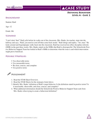Background

Defining Behavior
Level A • Case 2

Student: Raúl
Age: 12
Grade: 6th

Scenario
“I ain’t doin’ that!” Raúl yells before he walks out of the classroom. Mrs. Banks, his teacher, steps into the
hallway and says, “Raúl, you need to cool off then come back inside.” Raúl shrugs and replies, “Aw, man.” He
looks around and begrudgingly walks back into the classroom. Raúl has received ten office discipline referrals
(ODR) in the past three weeks. Mrs. Banks stated on the ODRs that Raúl is disrespectful. The Schoolwide Positive Behavior Support Team has looked at Raúl’s ODRs to determine what the issue is and which intervention
might prove beneficial.

Possible Strategies
	
	
	
	

•
•
•
•

Use observable terms
Use measurable terms
Be clear, concise, and complete
Use positive terms

!	
Assignment
	
	
	
	
	
	

1. Read the STAR Sheet Overview.
2. Read the STAR Sheets for the strategies listed above.
3. Identify Mrs. Banks’ definition of Raúl’s target behavior. Is the definition stated in positive terms? Is
it measurable, observable, and clear, concise, and complete?
4. What additional information should the Schoolwide Positive Behavior Support Team seek from
Mrs. Banks when trying to create a behavioral definition?

http://iris.peabody.vanderbilt.edu

6

 