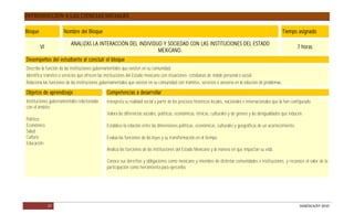 INTRODUCCIÓN A LAS CIENCIAS SOCIALES

Bloque                Nombre del Bloque                                                                                                                    Tiempo asignado

                          ANALIZAS LA INTERACCIÓN DEL INDIVIDUO Y SOCIEDAD CON LAS INSTITUCIONES DEL ESTADO
         VI                                                                                                                                                          7 horas
                                                              MEXICANO.
Desempeños del estudiante al concluir el bloque
Describe la función de las instituciones gubernamentales que existen en su comunidad.
Identifica trámites o servicios que ofrecen las instituciones del Estado mexicano con situaciones cotidianas de índole personal o social.
Relaciona las funciones de las instituciones gubernamentales que existen en su comunidad con trámites, servicios o asesoría en la solución de problemas.

Objetos de aprendizaje                         Competencias a desarrollar
Instituciones gubernamentales relacionadas     Interpreta su realidad social a partir de los procesos históricos locales, nacionales e internacionales que la han configurado.
con el ámbito:
                                               Valora las diferencias sociales, políticas, económicas, étnicas, culturales y de género y las desigualdades que inducen.
Político
Económico                                      Establece la relación entre las dimensiones políticas, económicas, culturales y geográficas de un acontecimiento.
Salud
Cultura                                        Evalúa las funciones de las leyes y su transformación en el tiempo.
Educación
                                               Analiza las funciones de las instituciones del Estado Mexicano y la manera en que impactan su vida.

                                               Conoce sus derechos y obligaciones como mexicano y miembro de distintas comunidades e instituciones, y reconoce el valor de la
                                               participación como herramienta para ejercerlos.




              27                                                                                                                                                      DGB/DCA/07-2010
 