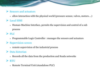  Sensors and actuators
 allow interaction with the physical world (pressure sensor, valves, motors….)
 Local HMI
 Human-Machine Interface, permits the supervision and control of a sub
process
 PLC
 Programmable Logic Controller : manages the sensors and actuators
 Supervision screen
 remote supervision of the industrial process
 Data historian
 Records all the data from the production and Scada networks
 RTU
 Remote Terminal Unit (standalone PLC)
 