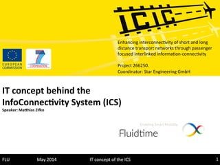 May	
  2014	
   	
  	
   1	
  IT	
  concept	
  of	
  the	
  ICS	
  FLU	
  
Enhancing	
  interconnec<vity	
  of	
  short	
  and	
  long	
  
distance	
  transport	
  networks	
  through	
  passenger	
  
focused	
  interlinked	
  informa<on-­‐connec<vity	
  
	
  
Project	
  266250.	
  	
  
Coordinator:	
  Star	
  Engineering	
  GmbH	
  
IT	
  concept	
  behind	
  the	
  
InfoConnec0vity	
  System	
  (ICS)	
  
Speaker:	
  Ma=hias	
  Zi?o	
  
 