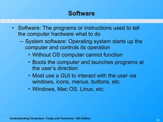 Software Software: The programs or instructions used to tell the computer hardware what to do System software: Operating system starts up the computer and controls its operation Without OS computer cannot function Boots the computer and launches programs at the user’s direction Most use a GUI to interact with the user via windows, icons, menus, buttons, etc. Windows, Mac OS, Linux, etc. 