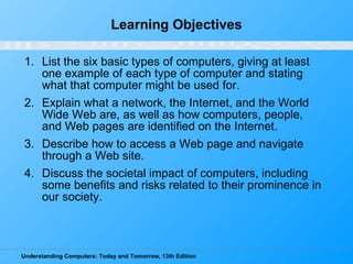 Learning Objectives List the six basic types of computers, giving at least one example of each type of computer and stating what that computer might be used for. Explain what a network, the Internet, and the World Wide Web are, as well as how computers, people, and Web pages are identified on the Internet. Describe how to access a Web page and navigate through a Web site. Discuss the societal impact of computers, including some benefits and risks related to their prominence in our society. 