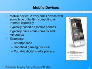 Mobile Devices Mobile device: A very small device with some type of built-in computing or Internet capability Typically based on mobile phones Typically have small screens and keyboards Examples: Smartphones Handheld gaming devices Portable digital media players 