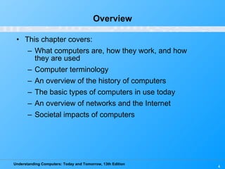 Overview This chapter covers: What computers are, how they work, and how they are used Computer terminology An overview of the history of computers The basic types of computers in use today An overview of networks and the Internet Societal impacts of computers 