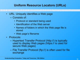 Uniform Resource Locators (URLs) URL: Uniquely identifies a Web page Consists of: Protocol or standard being used Identification of the Web server Names of folders in which the Web page file is stored Web page’s filename Protocols: Hypertext Transfer Protocol (http://) is typically used to display Web pages (https:// is used for secure Web pages) File Transfer Protocol (ftp://) is often used for file exchange 