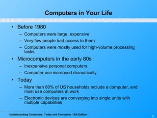 Computers in Your Life Before 1980 Computers were large, expensive Very few people had access to them Computers were mostly used for high-volume processing tasks Microcomputers in the early 80s Inexpensive personal computers Computer use increased dramatically Today More than 80% of US households include a computer, and most use computers at work Electronic devices are converging into single units with multiple capabilities 