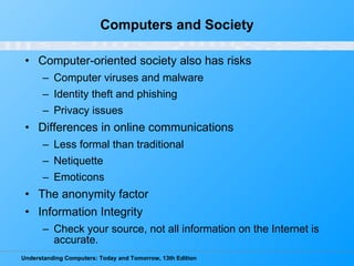 Computers and Society Computer-oriented society also has risks Computer viruses and malware Identity theft and phishing Privacy issues Differences in online communications Less formal than traditional Netiquette Emoticons The anonymity factor Information Integrity Check your source, not all information on the Internet is accurate. 