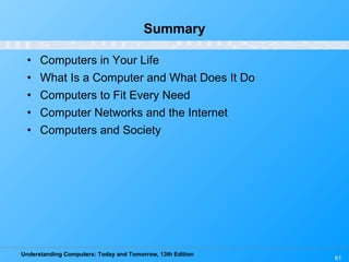Summary Computers in Your Life What Is a Computer and What Does It Do  Computers to Fit Every Need Computer Networks and the Internet Computers and Society 