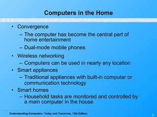 Computers in the Home Convergence The computer has become the central part of home entertainment Dual-mode mobile phones Wireless networking Computers can be used in nearly any location Smart appliances Traditional appliances with built-in computer or communication technology Smart homes Household tasks are monitored and controlled by a main computer in the house 