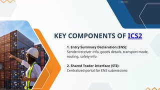 KEY COMPONENTS OF ICS2
1. Entry Summary Declaration (ENS):
Sender/receiver info, goods details, transport mode,
routing, safety info
2. Shared Trader Interface (STI):
Centralized portal for ENS submissions
 