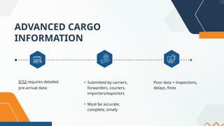 ADVANCED CARGO
INFORMATION
ICS2 requires detailed
pre-arrival data:
• Submitted by carriers,
forwarders, couriers,
importers/exporters
• Must be accurate,
complete, timely
Poor data = inspections,
delays, fines
 
