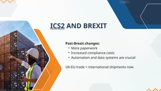 ICS2 AND BREXIT
Post-Brexit changes:
• More paperwork
• Increased compliance costs
• Automation and data systems are crucial
UK-EU trade = international shipments now
 