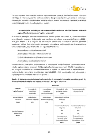  



Em suma, para ser bem‐sucedido qualquer sistema de governança de ´regiões funcionais` exige uma 
estratégia de referência, acordos políticos em torno dos grandes objetivos, um clima de confiança e 
colaboração, parceiros competentes e parcerias sólidas, formas eficientes de coordenação e tempo 
para dialogar, aprender, executar, avaliar e ajustar. 



             1.2 Exemplos de intervenções de desenvolvimento territorial de base urbana e nível sub‐
             regional fundamentadas em ´regiões funcionais` 
A  análise  de  exemplos  similares  desenvolvidos  noutros  países  (ver  Anexo  3),  o  enquadramento 
fornecido  pelas  propostas  da  Comissão  para  o  próximo  período  de  programação  financeira  2014  – 
2020  (ver  Anexo  2)  e  o  conjunto  de  observações  sintetizadas  na  subseção  anterior  permitem 
apresentar,  a  título  ilustrativo,  quatro  estratégias  integradas  e  multissetoriais  de  desenvolvimento 
territorial centradas, respetivamente, nas seguintes finalidades: 
             . Promoção da mobilidade sustentável 
             . Promoção da inovação e internacionalização 
             . Valorização de redes ecológicas urbano‐rurais 

             . Promoção da coesão sócio‐territorial 
O quadro 3 cruza essas várias finalidades com os dois tipos de ´região funcional` considerados neste 
estudo: regiões urbanas funcionais (RUF) e regiões funcionais urbano‐rurais (RFUR). Para cada uma 
das situações resultantes do cruzamento de ambos os aspetos são identificados os mecanismos de 
implementação e governança previstos para o período 2014 – 2020 considerados mais adequados, e 
cuja comparação sintética é efetuada no quadro 4. 

Quadro 3. Mecanismos principais de implementação de estratégias integradas e multissetoriais de 
desenvolvimento territorial por tipo de finalidade e de ´região funcional` 

                                                                         Finalidades 
         Tipos de 
                              Promoção da              Promoção da            Valorização de redes        Promoção da coesão 
     ´região funcional`        mobilidade               inovação e             ecológicas urbano‐           sócio‐territorial 
                               sustentável          internacionalização               rurais                          

     Regiões urbanas          Investimento             Investimento          Investimento Territorial                 
       funcionais          Territorial Integrado    Territorial Integrado           Integrado                       _ 
          (RUF)                    (ITI)                    (ITI)                       (ITI) 

                                                                             Investimento Territorial    Investimento Territorial 
                                                                                    Integrado                   Integrado 

    Regiões funcionais                                                                  (ITI)                      (ITI) 
      urbano‐rurais                  _                        _                         ou                         ou 
         (RFUR)                                                                Desenvolvimento             Desenvolvimento 
                                                                               Promovido pelas             Promovido pelas 
                                                                              Comunidades Locais          Comunidades Locais 
                                                                                   (DPCL)                      (DPCL) 




                                                                   27 
 