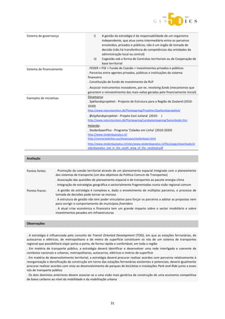  



Sistema de governança                                i)    A gestão da estratégia é da responsabilidade de um organismo 
                                                           independente, que atua como intermediário entre os parceiros 
                                                           envolvidos, privados e públicos; não é um órgão de tomada de 
                                                           decisão (não há transferência de competências das entidades da 
                                                           administração local ou central) 
                                                     ii)   Cogestão sob a forma de Contratos territoriais ou de Cooperação de 
                                                           base territorial 
Sistema de financiamento                        . FEDER + FSE + Fundo de Coesão + investimentos privados e públicos 
                                                . Parcerias entre agentes privados, públicos e instituições do sistema 
                                                financeiro 
                                                . Constituição de fundo de investimento da RUF 
                                                . Associar instrumentos inovadores, por ex. revolving funds (mecanismos que 
                                                garantem o reinvestimento das mais‐valias geradas pelo financiamento inicial) 
Exemplos de iniciativas                         Dinamarca:  
                                                . Sjællandsprojektet ‐ Projecto de Estrutura para a Região de Zealand (2010‐
                                                2030)  
                                                http://www.naturstyrelsen.dk/Planlaegning/Projekter/Sjaellandsprojektet/ 
                                                . Østjyllandsprojektet ‐ Projeto East Jutland  (2010‐    )  
                                                http://www.naturstyrelsen.dk/Planlaegning/Landsplanlaegning/Samarbejde.htm 
                                                Holanda:  
                                                . StedenbaanPlus ‐ Programa ‘Cidades em Linha’ (2010‐2020)  
                                                http://www.stedenbaanplus.nl/ 
                                                http://connectedcities.eu/showcases/stedenbaan.html 
                                                http://www.stedenbaanplus.nl/sites/www.stedenbaanplus.nl/files/page/downloads/st
                                                edenbaanplus_tod_in_the_south_wing_of_the_randstad.pdf 
 


Avaliação               
                        



Pontos fortes:         . Promoção da coesão territorial através de um planeamento espacial integrado com o planeamento 
                       dos sistemas de transporte (um dos objetivos da Política Comum de Transportes) 
                       . Associação das questões de planeamento espacial e de transportes ao pacote energia‐clima 
                       . Integração de estratégias geográfica e sectorialmente fragmentadas numa visão regional comum 
Pontos fracos:         .  A  gestão  da  estratégia  é  complexa  e,  dado  o  envolvimento  de  múltiplos  parceiros,  o  processo  de 
                       tomada de decisões pode tornar‐se moroso 
                       . A estrutura de gestão não tem poder vinculativo para forçar os parceiros a adotar as propostas nem 
                       para corrigir o comportamento de municípios freeriders 
                       .  A  atual  crise  económica  e  financeira  tem  um  grande  impacto  sobre  o  sector  imobiliário  e  sobre 
                       investimentos pesados em infraestruturas 
 


Observações 
 

.  A  estratégia  é  influenciada  pelo  conceito  de  Transit  Oriented  Development  (TOD),  em  que  as  estações  ferroviárias,  de 
autocarros  e  elétricos,  de  metropolitano  e  de  metro  de  superfície  constituem  os  nós  de  um  sistema  de  transportes 
regional que possibilitará viajar porta‐a‐porta, de forma rápida e confortável, em toda a região 
.  Em  matéria  de  transporte  público,  a  estratégia  deverá  identificar  e  desenvolver  uma  rede  interligada  e  coerente  de 
comboios nacionais e urbanos, metropolitanos, autocarros, elétricos e metros de superfície 
. Em matéria de desenvolvimento territorial, a estratégia deverá procurar realizar acordos com parceiros relativamente à 
reorganização e densificação da construção em torno das estações ferroviárias existentes e potenciais; deverá igualmente 
procurar realizar acordos com vista ao desenvolvimento de parques de bicicletas e instalações Park‐and‐Ride junto a esses 
nós de transporte público 
. Os dois domínios anteriores devem associar‐se a uma visão mais genérica de construção de uma economia competitiva 
de baixo carbono ao nível da mobilidade e da reabilitação urbana 




                                                                  31 
 