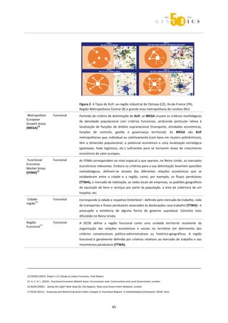  



                                                         
                                                         
                                                         
                                                         
                                                         
                                                         
                                                         
                                                         
                                                         
                                                         
                                                         
                                                         
                                                        Figura 2. 4 Tipos de AUF: ex‐região industrial de Ostrava (CZ), Ile‐de‐France (FR), 
                                                        Região Metropolitana Central (B) e grande área metropolitana de Londres (RU) 
 Metropolitan               Funcional                   Partindo do critério de delimitação de AUF, as MEGA cruzam os critérios morfológicos 
European 
                                                        da  densidade  populacional  com  critérios  funcionais,  atribuindo  particular  relevo  à 
Growth Areas 
       14
(MEGA)                                                  localização  de  funções  de  âmbito  supranacional  (transporte,  atividades  económicas, 
                                                        funções  de  controlo,  gestão  e  governança  territorial).  As  MEGA  são  AUF 
                                                        metropolitanas que, individual ou coletivamente (com base em clusters policêntricos), 
                                                        têm  a  dimensão  populacional,  o  potencial  económico  e  uma  localização  estratégica 
                                                        (gateways,  hubs  logísticos,  etc.)  suficientes  para  se  tornarem  áreas  de  crescimento 
                                                        económico de valor europeu. 
 Functional                 Funcional                   As FEMA correspondem ao nível espacial a que operam, no Reino Unido, os mercados 
Economic 
                                                        económicos relevantes. Embora os critérios para a sua delimitação levantem questões 
Market Areas 
(FEMA)  
        15                                              metodológicas,  definem‐se  através  das  diferentes  relações  económicas  que  se 
                                                        estabelecem  entre  a  cidade  e  a  região,  como,  por  exemplo,  os  fluxos  pendulares 
                                                        (TTWA), o mercado de habitação, as redes locais de empresas, os padrões geográficos 
                                                        de  aquisição  de  bens  e  serviços  por  parte  da  população,  a  área  de  cobertura  de  um 
                                                        hospital, etc. 
 Cidade‐                    Funcional                   Corresponde à cidade e respetivo hinterland – definido pelo mercado de trabalho, rede 
      16
região  
                                                        de transportes e fluxos pendulares associados às deslocações casa‐trabalho (TTWA) ‐ e 
                                                        pressupõe  a  existência  de  alguma  forma  de  governo  supralocal.  Conceito  mais 
                                                        difundido no Reino Unido. 
Região                      Funcional                   A  OCDE  define  a  região  funcional  como  uma  unidade  territorial  resultante  da 
         17
Funcional   
                                                        organização  das  relações  económicas  e  sociais  no  território  em  detrimento  dos 
                                                        critérios  convencionais  político‐administrativos  ou  histórico‐geográficos.  A  região 
                                                        funcional  é  geralmente  definida  por  critérios  relativos  ao  mercado  de  trabalho  e  aos 
                                                        movimentos pendulares (TTWA).  
 




                                                                                                                                                                                              
 
14 ESPON (2007), Project 1.4.3 Study on Urban Functions, Final Report. 
15  G. C. A. L. (2010) , Functional Economic Market Areas: An economic note. Communities and Local Government, London. 
16 NLGN (2005) ,  Seeing the Light? Next Steps for City Regions. New Local Government Network, London. 
                      
17 OCDE (2011) , Assessing and Monitoring Rural‐Urban Linkages in Functional Regions: A methodological framework. OCDE, Paris. 
                     


                                                                                            45 
 