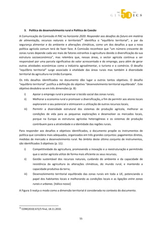  



                                    
       3. Política de desenvolvimento rural e Política de Coesão 
A Comunicação da Comissão A PAC no horizonte 2020: Responder aos desafios do futuro em matéria 
de  alimentação,  recursos  naturais  e  territoriais26  identifica  o  “equilíbrio  territorial”,  a  par  da 
segurança  alimentar  e  do  ambiente  e  alterações  climáticas,  como  um  dos  desafios  a  que  a  nova 
política  agrícola  comum  terá  de  fazer  face.  A  Comissão  reconhece  que  “um  número  crescente  de 
zonas rurais depende cada vez mais de fatores estranhos à agricultura devido à diversificação da sua 
estrutura  socioeconómica”,  mas  relembra  que,  nessas  áreas,  o  sector  agrícola  continua  a  ser 
responsável por uma parcela significativa do valor acrescentado e do emprego, para além de gerar 
outras  atividades  económicas  como  a  indústria  agroalimentar,  o  turismo  e  o  comércio.  O  desafio 
“equilíbrio  territorial”  surge  associado  à  vitalidade  das  áreas  rurais  mas  também  à  diversidade 
territorial da agricultura na União Europeia. 
Os  três  desafios  identificados  no  documento  dão  lugar  a  outros  tantos  objetivos.  O  desafio 
“equilíbrio territorial” justifica a definição do objetivo “desenvolvimento territorial equilibrado”. Este 
objetivo desdobra‐se em três dimensões (p. 8): 
       i)           Apoiar o emprego rural e preservar o tecido social das zonas rurais; 
       ii)          Melhorar a economia rural e promover a diversificação, a fim de permitir aos atores locais 
                    explorarem o seu potencial e otimizarem a utilização de outros recursos locais; 
       iii)         Permitir  a  diversidade  estrutural  dos  sistemas  de  produção  agrícola,  melhorar  as 
                    condições  de  vida  para  as  pequenas  explorações  e  desenvolver  os  mercados  locais, 
                    porque  na  Europa  as  estruturas  agrícolas  heterogéneas  e  os  sistemas  de  produção 
                    contribuem para a atratividade e a identidade das regiões rurais. 

Para  responder  aos  desafios  e  objetivos  identificados,  o  documento  propõe  os  instrumentos  de 
política que considera mais adequados, organizados em três grandes conjuntos: pagamentos diretos, 
medidas  de  mercado  e  desenvolvimento  rural.  No  âmbito  deste  último  conjunto  de  instrumentos, 
são identificados 3 objetivos (p. 11): 
       i)           Competitividade da agricultura, promovendo a inovação e a reestruturação e permitindo 
                    que o sector agrícola utilize de forma mais eficiente os seus recursos; 
       ii)          Gestão  sustentável  dos  recursos  naturais,  cuidando  do  ambiente  e  da  capacidade  de 
                    resistência  da  agricultura  às  alterações  climáticas,  do  mundo  rural,  e  mantendo  a 
                    capacidade produtiva da terra; 
       iii)         Desenvolvimento  territorial  equilibrado  das  zonas  rurais  em  toda  a  UE,  potenciando  o 
                    papel  dos  habitantes  locais  e  melhorando  as  condições  locais  e  as  ligações  entre  zonas 
                    rurais e urbanas. [itálico nosso] 

A Figura 3 realça o modo como a dimensão territorial é considerada no contexto do documento. 

 


                                                             
26
     COM(2010) 672/5 final, 18.11.2010. 


                                                                55 
 
