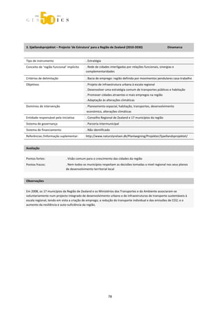  



 
 

3. Sjællandsprojektet – Projecto ‘de Estrutura’ para a Região de Zealand (2010‐2030)                                 Dinamarca 

 
Tipo de instrumento                             . Estratégia 
Conceito de ‘região funcional’ implícito        . Rede de cidades interligadas por relações funcionais, sinergias e 
                                                complementaridades 

Critérios de delimitação                        . Bacia de emprego: região definida por movimentos pendulares casa‐trabalho 
Objetivos                                       . Projeto de infraestrutura urbana à escala regional 
                                                . Desenvolver uma estratégia comum de transportes públicos e habitação 
                                                . Promover cidades atraentes e mais empregos na região 
                                                . Adaptação às alterações climáticas 
Domínios de intervenção                         . Planeamento espacial, habitação, transportes, desenvolvimento  
                                                 económico, alterações climáticas 
Entidade responsável pela iniciativa            . Conselho Regional de Zealand e 17 municípios da região 
Sistema de governança                           . Parceria intermunicipal 
Sistema de financiamento                        . Não identificado 
Referências /Informação suplementar:            http://www.naturstyrelsen.dk/Planlaegning/Projekter/Sjaellandsprojektet/  
 
Avaliação                        
                                 



Pontos fortes:                  . Visão comum para o crescimento das cidades da região  
Pontos fracos:                  . Nem todos os municípios respeitam as decisões tomadas a nível regional nos seus planos 
                                de desenvolvimento territorial local 
 
Observações 
 

Em 2008, os 17 municípios da Região de Zealand e os Ministérios dos Transportes e do Ambiente associaram‐se 
voluntariamente num projecto integrado de desenvolvimento urbano e de infraestruturas de transporte sustentáveis à 
escala regional, tendo em vista a criação de emprego; a redução do transporte individual e das emissões de CO2; e o 
aumento da resiliência e auto‐suficiência da região. 
 




                                                                  78 
 