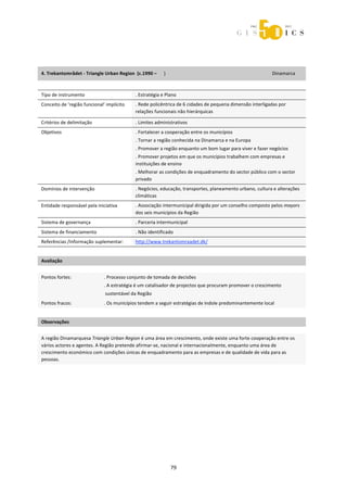  



 
 

4. Trekantområdet ‐ Triangle Urban Region  (c.1990 –      )                                                                                          Dinamarca 

 
Tipo de instrumento                                       . Estratégia e Plano 
Conceito de ‘região funcional’ implícito                  . Rede policêntrica de 6 cidades de pequena dimensão interligadas por 
                                                          relações funcionais não hierárquicas 

Critérios de delimitação                                  . Limites administrativos  
Objetivos                                                 . Fortalecer a cooperação entre os municípios  
                                                          . Tornar a região conhecida na Dinamarca e na Europa 
                                                          . Promover a região enquanto um bom lugar para viver e fazer negócios  
                                                          . Promover projetos em que os municípios trabalhem com empresas e 
                                                          instituições de ensino 
                                                          . Melhorar as condições de enquadramento do sector público com o sector 
                                                          privado 
Domínios de intervenção                                   . Negócios, educação, transportes, planeamento urbano, cultura e alterações 
                                                          climáticas  
Entidade responsável pela iniciativa                      . Associação intermunicipal dirigida por um conselho composto pelos mayors 
                                                          dos seis municípios da Região 
Sistema de governança                                     . Parceria intermunicipal  
Sistema de financiamento                                  . Não identificado 
Referências /Informação suplementar:                      http://www.trekantomraadet.dk/ 
 
Avaliação                               
                                        



Pontos fortes:                         . Processo conjunto de tomada de decisões 
                                       . A estratégia é um catalisador de projectos que procuram promover o crescimento  
                                        sustentável da Região 
Pontos fracos:                         . Os municípios tendem a seguir estratégias de índole predominantemente local 
 
Observações 
 

A região Dinamarquesa Triangle Urban Region é uma área em crescimento, onde existe uma forte cooperação entre os 
vários actores e agentes. A Região pretende afirmar‐se, nacional e internacionalmente, enquanto uma área de 
crescimento económico com condições únicas de enquadramento para as empresas e de qualidade de vida para as 
pessoas.  
 




                                                                                79 
 