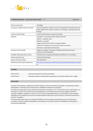  



 
 

5. Østjyllandsprojektet – Project East Jutland  (2010 –      )                                                                                         Dinamarca 

 
Tipo de instrumento                                        . Estratégia  
Conceito de ‘região funcional’ implícito                   . Área metropolitana. Projecto comum de cooperação e desenvolvimento da 
                                                           grande região de East Jutland, incluindo 17 municípios e 3 grandes bacias de 
                                                           emprego 
Critérios de delimitação                                   . Limites administrativos e bacias de emprego 
Objetivos                                                  . Combater o crescimento urbano disperso (sprawl) 
                                                           . Reduzir a congestão viária 
                                                           . Defender a paisagem 
                                                           . Integrar planeamento urbano e transporte público 
                                                           . Minimizar os impactos do crescimento urbano na natureza 
                                                           . Promover a cooperação intermunicipal 
Domínios de intervenção                                    . Negócios, paisagem, transportes, habitação, planeamento urbano, 
                                                           envolvimento de stakeholders  
Entidade responsável pela iniciativa                       . Ministério dos Transportes, Ministério do Ambiente e 17 municípios. 
Sistema de governança                                      . Parceria intermunicipal 
Sistema de financiamento                                   . Não identificado 
Referências /Informação suplementar:                       http://www.naturstyrelsen.dk/Planlaegning/Landsplanlaegning/Samarbejde.h
                                                           tm 
 
Avaliação                               
                                        



Pontos fortes:                         . Processo cooperativo de tomada de decisões 
Pontos fracos:                         . Municípios resistem às delimitações impostas por uma política colectiva para a região  
 
Observações 
 

Durante a última década, a região de East Jutland registou um forte crescimento do emprego e consequentes pressões 
demográficas e urbanísticas que ameaçam hoje a qualidade do ambiente e da paisagem. 
O Projecto de cooperação para East Jutland foi formalmente constituído em 14  Junho de 2010, entre os Ministérios e os 
Municípios, com base num conjunto de recomendações para um desenvolvimento urbano da região que beneficie 
empresas, cidadãos, a paisagem e a natureza. Entre outras recomendações destaca‐se a promoção de mais emprego e 
habitação junto às estações e terminais de transporte público (TOD) como forma de reforçar o sistema de transportes e 
preservar a paisagem. 
O Projecto desenvolveu ainda uma solução de WebGIS com informação geo‐referenciada comum ao território dos 
municípios, incluindo tendências demográficas, densidades de construção, padrões de mobilidade e identificação de 
terrenos não urbanizados. 




                                                                                 80 
 