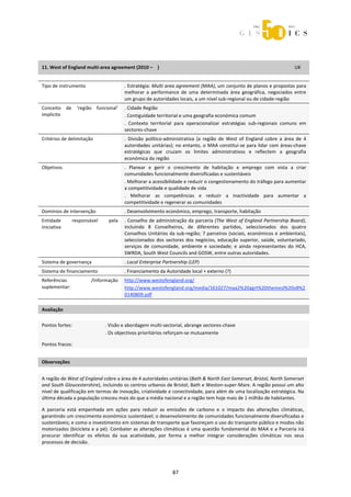  



 



11. West of England multi‐area agreement (2010 –    )                                                                                                                 UK  
 


Tipo de instrumento                                  . Estratégia: Multi area agreement (MAA), um conjunto de planos e propostas para 
                                                     melhorar  a  performance  de  uma  determinada  área  geográfica,  negociados  entre 
                                                     um grupo de autoridades locais, a um nível sub‐regional ou de cidade‐região 
Conceito  de  ‘região  funcional’                    . Cidade Região 
implícito                                            . Contiguidade territorial e uma geografia económica comum 
                                                     .  Contexto  territorial  para  operacionalizar  estratégias  sub‐regionais  comuns  em 
                                                     sectores‐chave 
Critérios de delimitação                             .  Divisão  político‐administrativa  (a  região  de  West  of  England  cobre  a  área  de  4 
                                                     autoridades unitárias);  no entanto, o MAA constitui‐se para lidar com áreas‐chave 
                                                     estratégicas  que  cruzam  os  limites  administrativos  e  reflectem  a  geografia 
                                                     económica da região 
Objetivos                                            .  Planear  e  gerir  o  crescimento  de  habitação  e  emprego  com  vista  a  criar 
                                                     comunidades funcionalmente diversificadas e sustentáveis 
                                                     . Melhorar a acessibilidade e reduzir o congestionamento do tráfego para aumentar 
                                                     a competitividade e qualidade de vida 
                                                     .  Melhorar  as  competências  e  reduzir  a  inactividade  para  aumentar  a 
                                                     competitividade e regenerar as comunidades 
Domínios de intervenção                              . Desenvolvimento económico, emprego, transporte, habitação 
Entidade           responsável               pela    . Conselho de administração da parceria  (The West of England Partnership Board), 
iniciativa                                           incluindo  8  Conselheiros,  de  diferentes  partidos,  seleccionados  dos  quatro 
                                                     Conselhos  Unitários da sub‐região; 7 parceiros (sociais, económicos e ambientais), 
                                                     seleccionados  dos  sectores  dos  negócios,  educação  superior,  saúde,  voluntariado, 
                                                     serviços  de  comunidade,  ambiente  e  sociedade;  e  ainda  representantes  do  HCA, 
                                                     SWRDA, South West Councils and GOSW, entre outras autoridades. 
Sistema de governança                                . Local Enterprise Partnership (LEP)  
Sistema de financiamento                             . Financiamento da Autoridade local + externo (?) 
Referências                     /Informação          http://www.westofengland.org/ 
suplementar:                                         http://www.westofengland.org/media/161027/maa2%20agrt%20themesl%20v8%2
                                                     0140809.pdf 
 

Avaliação                                 
                                          



Pontos fortes:                           . Visão e abordagem multi‐sectorial, abrange sectores‐chave 
                                         . Os objectivos prioritários reforçam‐se mutuamente 
                                          




Pontos fracos:                            
 
Observações 
 

A região de West of England cobre a área de 4 autoridades unitárias (Bath & North East Somerset, Bristol, North Somerset 
and South Gloucestershire), incluindo os centros urbanos de Bristol, Bath e Weston‐super‐Mare. A região possui um alto 
nível de qualificação em termos de inovação, criatividade e conectividade, para além de uma localização estratégica. Na 
última década a população cresceu mais do que a média nacional e a região tem hoje mais de 1 milhão de habitantes. 
 

A  parceria  está  empenhada  em  ações  para  reduzir  as  emissões  de  carbono  e  o  impacto  das  alterações  climáticas, 
garantindo um crescimento económico sustentável; o desenvolvimento de comunidades funcionalmente diversificadas e 
sustentáveis; e como o investimento em sistemas de transporte que favoreçam o uso do transporte público e modos não 
motorizados (bicicleta e a pé). Combater as alterações climáticas é uma questão fundamental do MAA e  a Parceria irá 
procurar  identificar  os  efeitos  da  sua  acatividade,  por  forma  a  melhor  integrar  considerações  climáticas  nos  seus 
processos de decisão. 




                                                                                    87 
 