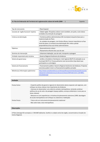  



 
 

14. Plan de Ordenación del Territorio de la aglomeración urbana de Sevilla (2009 ‐     )                                         Espanha 

 

Tipo de instrumento                               . Plano Espacial  
Conceito de ‘região funcional’ implícito          . Cidade região. Perspetiva urbano‐rural e também, em parte, rural‐urbana 
                                                  (unidades de protecção da paisagem) 

Critérios de delimitação                          . Fronteiras politico‐administrativas (46 municípios) enquanto base para a 
                                                  implementação do Plano  
                                                  . As unidades de paisagem, com limites difusos, tiveram importância na fase 
                                                  inicial do plano; no entanto essa delimitação têm vindo a perder 
                                                  preponderância face aos limites administrativos 
Objetivos                                         . Desenvolvimento urbano 
                                                  . Planeamento eficiente dos usos do solo 
Domínios de intervenção                           . Urbanismo‐habitação, usos do solo, transporte e paisagem 
Entidade responsável pela iniciativa              . Governo Regional Autónomo da Andaluzia 
Sistema de governança                             . Jurídico, vinculativo e hierárquico: nível regional (NUTS 2) sobrepõe‐se ao 
                                                  municipal (NUTS 5). Processualmente mais tecnocrático (top‐down) que 
                                                  participativo ou estratégico  
Sistema de financiamento                          . Financiamento público: Governo Regional Autónomo da Andaluzia. Projectos 
                                                  concretos podem incluir co‐financiamento (público‐privado) 
Referências /Informação suplementar:              http://www.juntadeandalucia.es/obraspublicasyvivienda/obraspublicasyvivie
                                                  nda/portal‐web/web/areas/ordenacion/texto/cf047ee8‐2215‐11df‐8891‐
                                                  555105b916a8 
 
Avaliação                         
                                  



Pontos fortes:                   . Empenho político do governo regional em desenvolver planos espaciais sub‐regionais, com 
                                 enfoque nas áreas urbanas mais importantes da Andaluzia 
                                 . Interesse em desenvolver uma visão do contexto metropolitano, tentando combinar 
                                 políticas de uso do solo e da paisagem (espaço público, serviços ambientais e rurais para as 
                                 áreas urbanas) 
                                 . Relaciona‐se com experiências e iniciativas de planeamento anteriores (1990: abordagem 
                                 de escala metropolitana com enfoque no urbanismo e habitação) 
Pontos fracos:                   . Trata‐se de um instrumento de planeamento tradicional  
                                 . Não cobre toda a área metropolitana  
 
Observações 
 

O Plano abrange 46 municipios e 1 450 000 habitantes. Sevilha é a cidade central da região, concentrando as funções de 
Centro Regional. 




                                                                       91 
 