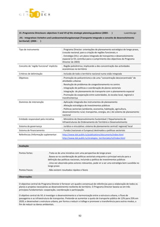  



 
 


15 .Programme Directeure: objectives V and VII of the strategic planning guidance (2003 ‐     )                     Luxemburgo 

.IVL ‐ Integratives Verkehrs‐und Landesentwicklungskonzept (Transporte integrado e conceito de desenvolvimento 
territorial)  (2004 ‐     )   
 


Tipo de instrumento                           . Programa Director: orientações de planeamento estratégico de longo‐prazo, 
                                              à escala nacional, para a criação de regiões funcionais; e 
                                              . Estratégia (IVL): um plano integrado de transportes e desenvolvimento 
                                              espacial (o IVL contribui para o cumprimento dos objectivos do Programa 
                                              Director de 2003) 
Conceito de ‘região funcional’ implícito      . Região policêntrica; implicando a des‐concentração das actividades 
                                              económicas no território 
Critérios de delimitação                      . Inclusão de todo o território nacional numa visão integrada 
Objetivos                                     . Promoção do policentrismo e de uma “concentração desconcentrada” de 
                                              atividades urbanas 
                                              . Resolução de problemas de congestionamento no centro 
                                              . Integração de políticas e coordenação de planos sectoriais 
                                              . Integração  do planeamento do transporte com o planeamento espacial 
                                              . Promoção da cooperação entre autoridades, às escalas local, regional e 
                                              transfronteiriça  
Domínios de intervenção                       . Aplicação integrada dos instrumentos de planeamento 
                                              . Afetação estratégica de investimentos públicos 
                                              . Politicas sectoriais (ambiente, economia, habitação, agricultura, 
                                              desenvolvimento rural, transportes, energia, etc.) do sistema de planeamento 
                                              nacional 
Entidade responsável pela iniciativa          . Ministério do Desenvolvimento Sustentável / Departamento de 
                                              Infraestruturas do Ordenamento do Território e Desenvolvimento 
Sistema de governança                         . Jurídico e vinculativo: sistema de planeamento central/ regional/ local  
Sistema de financiamento                      . Fundos (nacionais e Europeus) destinados a políticas sectoriais 
Referências /Informação suplementar:          http://www.dat.public.lu/publications/documents/index.html 
                                              http://www.dat.public.lu/strategies_territoriales/ivl/index.html 
 
Avaliação                       
                                



Pontos fortes:                 . Trata‐se de uma iniciativa com uma perspectiva de longo prazo 
                               . Basea‐se na coordenação de políticas sectoriais enquanto o principal veículo para a 
                               definição das políticas nacionais, incluindo a política de investimentos públicos 
                               . Uma vez absorvida pelos actores relevantes, pode vir a ser uma estratégia bem sucedida no 
                               longo prazo 
Pontos fracos:                 . Não existem resultados rápidos e fáceis  
 

Observações 
 

O objectivo central do Programa Director é fornecer um quadro consensual de referências para a elaboração de todos os 
planos e projetos necessários ao desenvolvinemto resiliente do território. O Programa Director baseia‐se em três 
princípios fundamentais: cooperação, coordenação e participação. 
 

O objetivo central do IVL é investigar o desenvolvimento e a harmonização entre a estrutura urbana, o fluxo de 
passageiros e as infraestrutura de transportes. Pretende‐se aumentar a quota de transporte público de 12% para 25% em 
2020; e desenvolver a estrutura urbana, por forma a reduzir o tráfego e promover a transferência para outros modos, a 
fim de reduzir os danos ambientais. 



                                                                92 
 