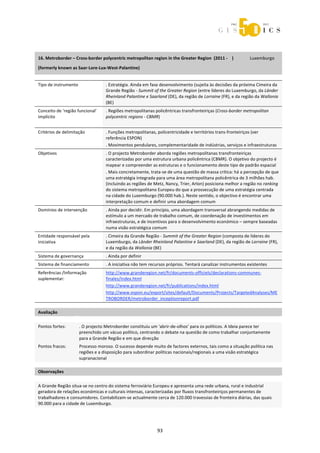 



 


16. Metroborder – Cross‐border polycentric metropolitan region in the Greater Region  (2011 ‐    )               Luxemburgo 

(formerly known as Saar‐Lore‐Lux‐West‐Palantine)     
 


Tipo de instrumento                . Estratégia. Ainda em fase desenvolvimento (sujeita às decisões da próxima Cimeira da 
                                   Grande Região ‐ Summit of the Greater Region (entre líderes do Luxemburgo, da Länder 
                                   Rheinland Palantine e Saarland (DE), da região de Lorraine (FR), e da região da Wallonia 
                                   (BE) 
Conceito de ‘região funcional’     . Regiões metropolitanas policêntricas transfronteiriças (Cross‐border metropolitan 
implícito                          polycentric regions ‐ CBMR) 
 
Critérios de delimitação           . Funções metropolitanas, policentricidade e territórios trans‐fronteiriços (ver 
                                   referência ESPON) 
                                   . Movimentos pendulares, complementaridade de indústrias, serviços e infraestruturas 
Objetivos                          . O projecto Metroborder aborda regiões metropolitanas transfronteiriças 
                                   caracterizadas por uma estrutura urbana policêntrica (CBMR). O objetivo do projecto é 
                                   mapear e compreender as estruturas e o funcionamento deste tipo de padrão espacial 
                                   . Mais concretamente, trata‐se de uma questão de massa crítica: há a percepção de que 
                                   uma estratégia integrada para uma área metropolitana policêntrica de 3 milhões hab. 
                                   (incluindo as regiões de Metz, Nancy, Trier, Arlon) posiciona melhor a região no ranking 
                                   do sistema metropolitano Europeu do que a prossecução de uma estratégia centrada 
                                   na cidade do Luxemburgo (90.000 hab.). Neste sentido, o objectivo é encontrar uma 
                                   interpretação comum e definir uma abordagem comum 
Domínios de intervenção            . Ainda por decidir. Em princípio, uma abordagem transversal abrangendo medidas de 
                                   estímulo a um mercado de trabalho comum, de coordenação de investimentos em 
                                   infraestruturas, e de incentivos para o desenvolvimento económico – sempre baseadas 
                                   numa visão estratégica comum 
Entidade responsável pela          . Cimeira da Grande Região ‐ Summit of the Greater Region (composta de líderes do 
iniciativa                         Luxemburgo, da Länder Rheinland Palantine e Saarland (DE), da região de Lorraine (FR), 
                                   e da região da Wallonia (BE) 
Sistema de governança              . Ainda por definir 
Sistema de financiamento           . A iniciativa não tem recursos próprios. Tentará canalizar instrumentos existentes 
Referências /Informação            http://www.granderegion.net/fr/documents‐officiels/declarations‐communes‐
suplementar:                       finales/index.html 
                                   http://www.granderegion.net/fr/publications/index.html 
                                   http://www.espon.eu/export/sites/default/Documents/Projects/TargetedAnalyses/ME
                                   TROBORDER/metroborder_inceptionreport.pdf 
 

Avaliação             
                      



Pontos fortes:       . O projecto Metroborder constituiu um ‘abrir‐de‐olhos’ para os políticos. A Ideia parece ter 
                     preenchido um vácuo político, centrando o debate na questão de como trabalhar conjuntamente 
                     para a Grande Região e em que direcção 
Pontos fracos:       Processo moroso. O sucesso depende muito de factores externos, tais como a situação política nas 
                     regiões e a disposição para subordinar políticas nacionais/regionais a uma visão estratégica 
                     supranacional  
 

Observações 
 

A Grande Região situa‐se no centro do sistema ferroviário Europeu e apresenta uma rede urbana, rural e industrial 
geradora de relações económicas e culturais intensas, caracterizadas por fluxos transfronteiriços permanentes de 
trabalhadores e consumidores. Contabilizam‐se actualmente cerca de 120.000 travessias de fronteira diárias, das quais 
90.000 para a cidade de Luxemburgo. 




                                                              93 
 