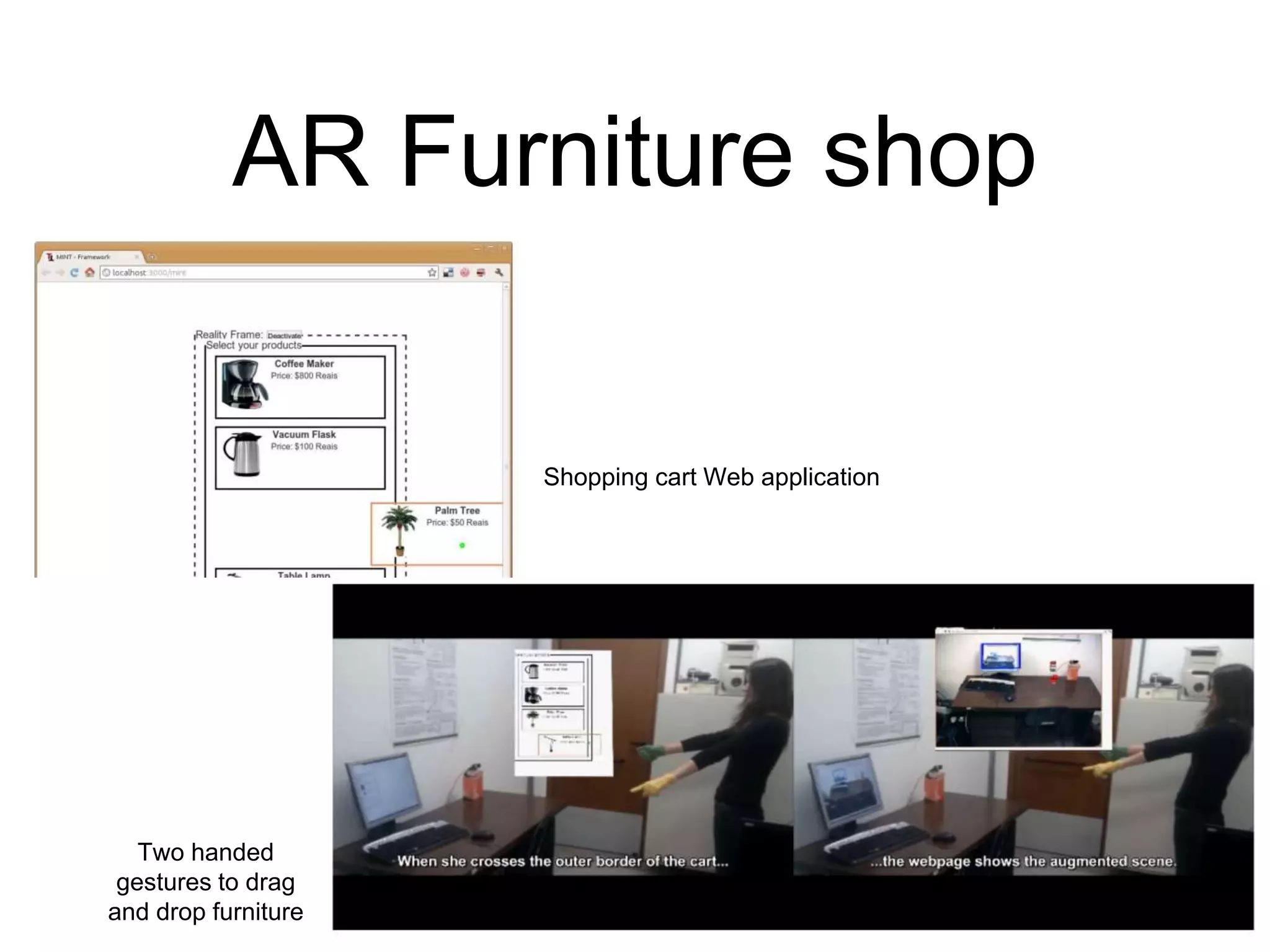 AR Furniture shop
Shopping cart Web application
Two handed
gestures to drag
and drop furniture
 