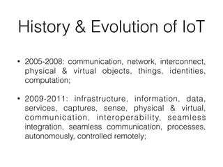 History & Evolution of IoT
• 2005-2008: communication, network, interconnect,
physical & virtual objects, things, identities,
computation;


• 2009-2011: infrastructure, information, data,
services, captures, sense, physical & virtual,
communication, interoperability, seamless
integration, seamless communication, processes,
autonomously, controlled remotely;
 