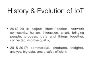 History & Evolution of IoT
• 2012-2014: object identification, network
connectivity, human, interaction, smart, bringing
people, process, data and things together,
connected, improve quality;


• 2015-2017: commercial, products, insights,
analyse, big data, smart, safer, efficient;
 