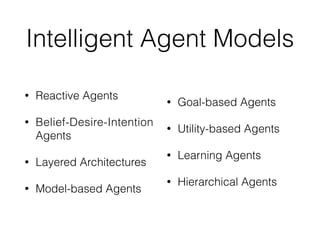 Intelligent Agent Models
• Reactive Agents
• Belief-Desire-Intention
Agents
• Layered Architectures
• Model-based Agents
• Goal-based Agents
• Utility-based Agents
• Learning Agents
• Hierarchical Agents
 