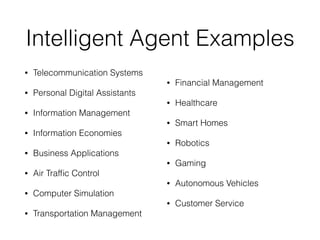 Intelligent Agent Examples
• Telecommunication Systems
• Personal Digital Assistants
• Information Management
• Information Economies
• Business Applications
• Air Traf
fi
c Control
• Computer Simulation
• Transportation Management
• Financial Management
• Healthcare
• Smart Homes
• Robotics
• Gaming
• Autonomous Vehicles
• Customer Service
 