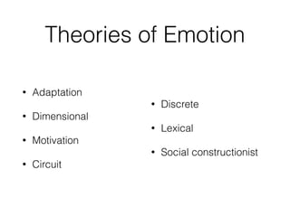 Theories of Emotion
• Adaptation


• Dimensional


• Motivation


• Circuit


• Discrete


• Lexical


• Social constructionist
 