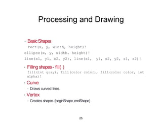 Graphical Controls
height);!
• UseControlP5Library
• http://www.sojamo.de/libraries/controlP5/
• Add graphical controls
• Buttons,sliders,etc
• Support for OSC (Open Sound Controller)
• UseControlP5class
import controlP5.*;!
addButton(name, value, x, y, width,
• EventHanding
25
 