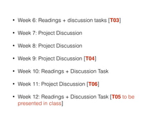 • Week 6: Readings + discussion tasks [T03]
• Week 7: Project Discussion
• Week 8: Project Discussion
• Week 9: Project Discussion [T04]
• Week 10: Readings + Discussion Task
• Week 11: Project Discussion [T06]
• Week 12: Readings + Discussion Task [T05 to be
presented in class]
 