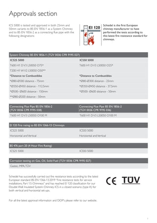 3
ICS 5000 is tested and approved in both 25mm and
50mm variants to BS EN 1856-1 as a System Chimney
and to BS EN 1856-2 as a connecting flue pipe with the
following designations
Approvals section
System Chimney BS EN 1856-1 (TÜV 0036 CPR 9195 027)
ICS25 5000 ICS50 5000
T600 H1 DV3 L50050 O75* T600 H1 DV3 L50050 O25*
T200 H1 WV2 L50050 O50**
*Distance to Combustibles *Distance to Combustibles
*Ø80-Ø300 distance - 75mm *Ø80-Ø300 distance - 25mm
*Ø350-Ø450 distance - 112.5mm *Ø350-Ø450 distance - 37.5mm
*Ø500- Ø600 distance - 150mm *Ø500- Ø600 distance - 50mm
**Ø80-Ø200 distance - 50mm
EI 120 Fire rating to BS EN 1366-13 Chimneys
ICS25 5000 ICS50 5000
Horiziontal andVertical Horiziontal andVertical
BS 476 part 20 (4 Hour Fire Rating)
ICS25 5000 ICS50 5000
Corrosion testing on Gas, Oil, Solid Fuel (TÜV 0036 CPR 9195 027)
Gastec, MPA,TÜV
Connecting Flue Pipe BS EN 1856-2
(TÜV 0036 CPR 9195 038)
Connecting Flue Pipe BS EN 1856-2
(TÜV 0036 CPR 9195 036)
T600 H1 DV3 L50050 O100 M T600 H1 DV3 L50050 O100 M
Schiedel has successfully carried out fire resistance tests according to the latest
European standard BS EN 1366-13:2019 “Fire resistance tests for service
installations, Part 13: Chimneys” and has reached EI 120 classification for our
Double Wall Insulated System Chimney ICS in a closed scenario (type A) for
both vertical and horizontal set-ups.
For all the latest approval information and DOP’s please refer to our website.
Schiedel is the first European
chimney manufacturer to have
performed the tests according to
this latest fire resistance standard for
chimneys.
 