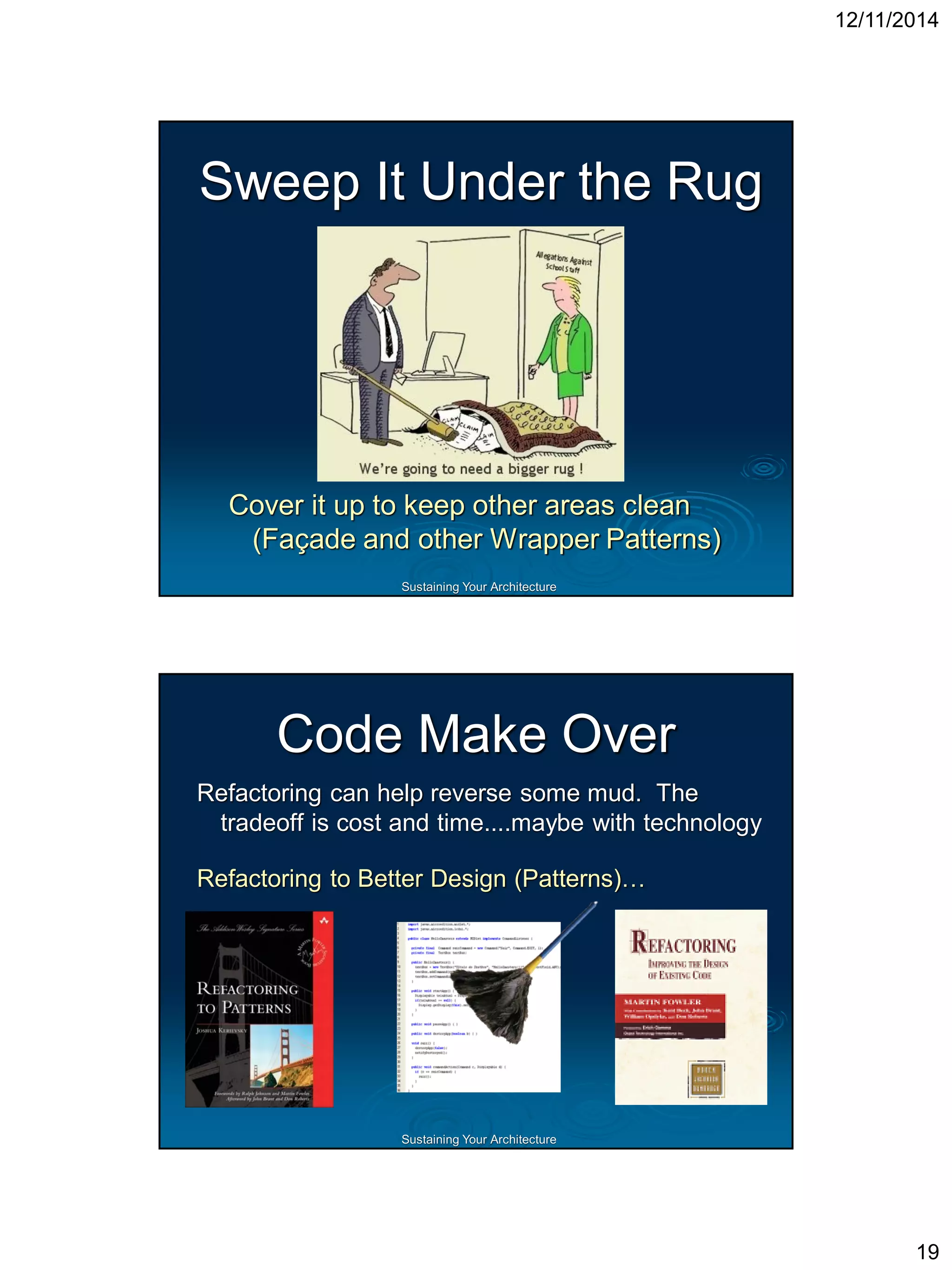 Sustaining Your ArchitectureCan Agile Help? Scrum, TDD, Refactoring, Regular Feedback, Testing, More Eyes, …. Good People!!! Continuous attentionto technical excellence! Retrospectives! Face-To-Face conversation. Motivated individualswith the environmentand supportthey need.  