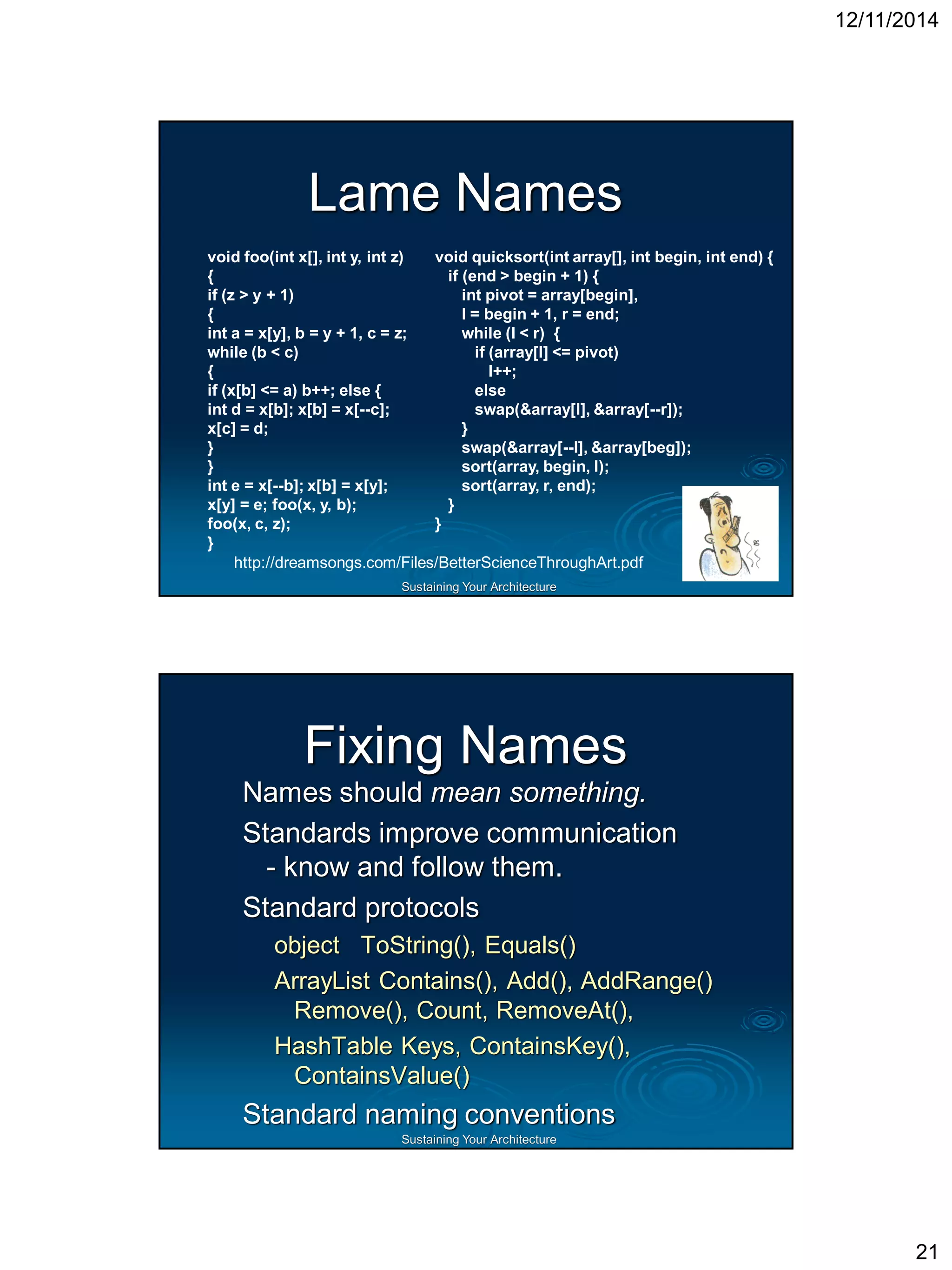 Sustaining Your ArchitectureSome Agile Myths Simple solutions are always best We can easily adapt to changing requirements (new requirements) Scrum/TDD will ensure good Design/Architecture Good architecture simply emerges from “good” development practices. sometimes you need more Make significant architecture changes at the last moment“www.agilemyths.com”  