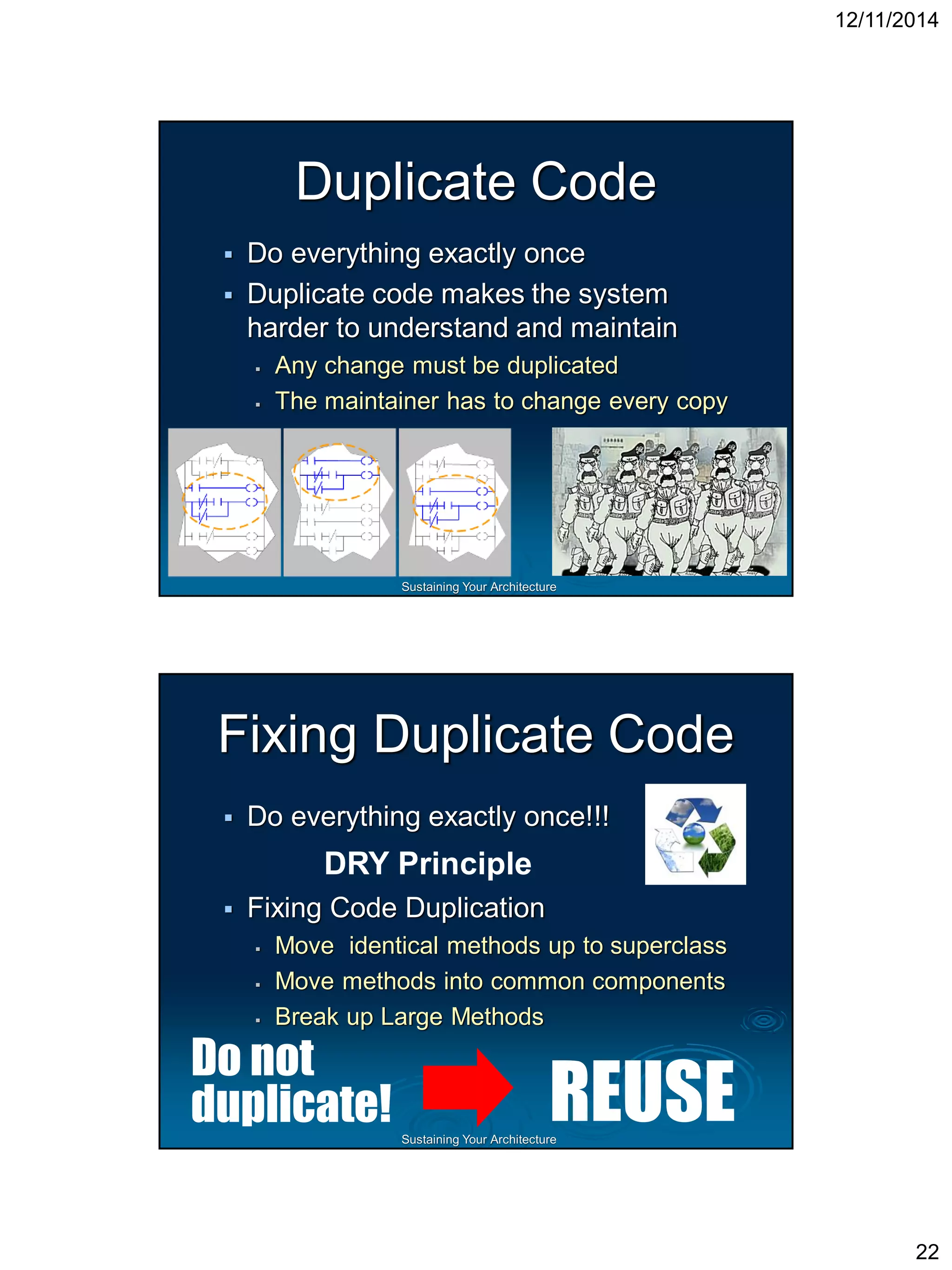 Sustaining Your ArchitectureDo Some Agile Principles Encourage bad design? Lack of Upfront Design? Late changes to the requirementsof the system? Continuously Evolving the Architecture? Piecemeal Growth? Focus on Process rather than Architecture? Working code is the measure of success! I’m sure there are more!!!  