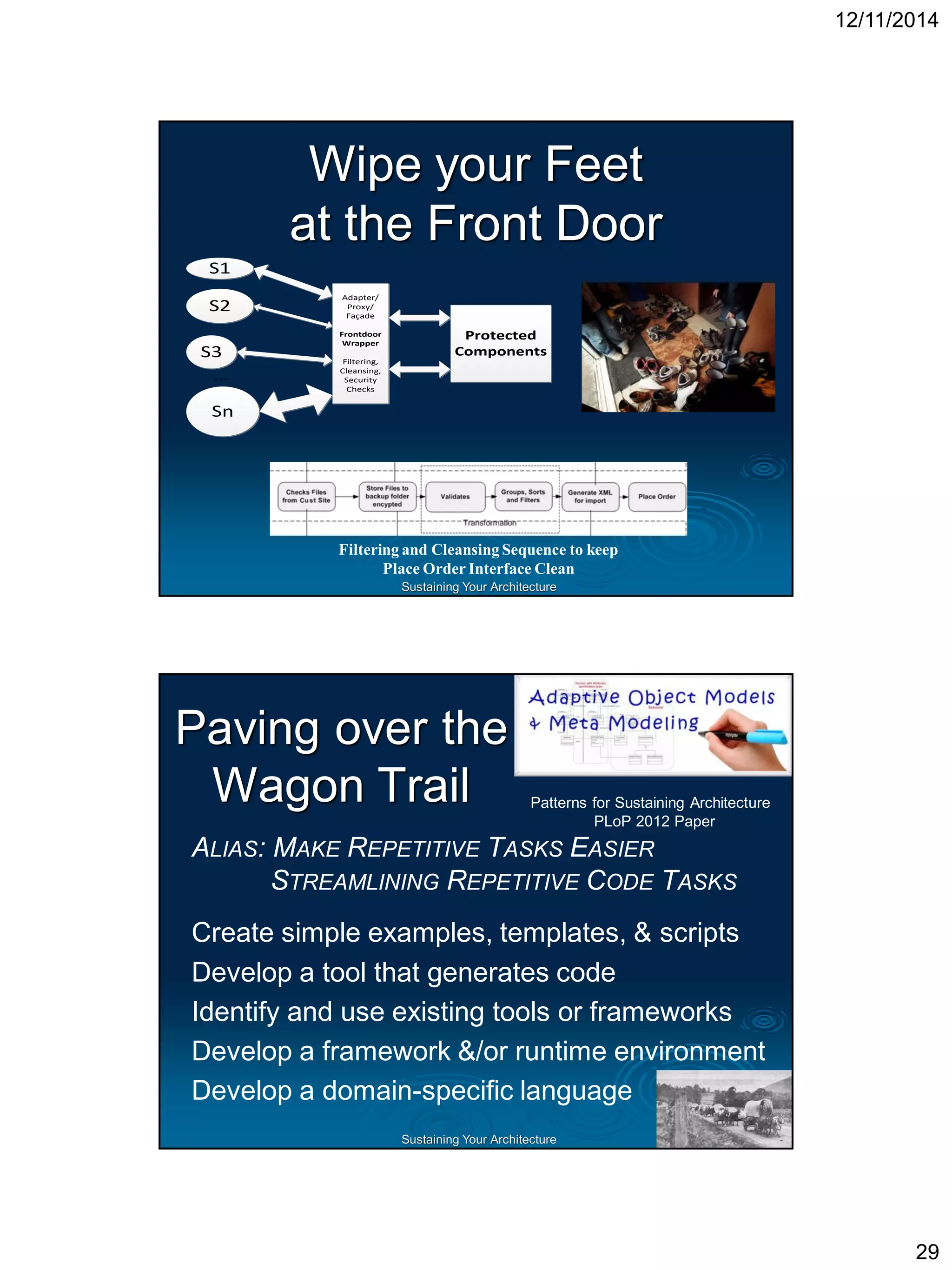 Sustaining Your ArchitectureCleaning HouseCan we gentrify, rehabilitate, or make-over code helping clean up the mud? Can refactoring, patterns, frameworks, components, agile, and objects helpwith mud? Is it possible to do some Mud Preventionand keep our Architecture Clean?  