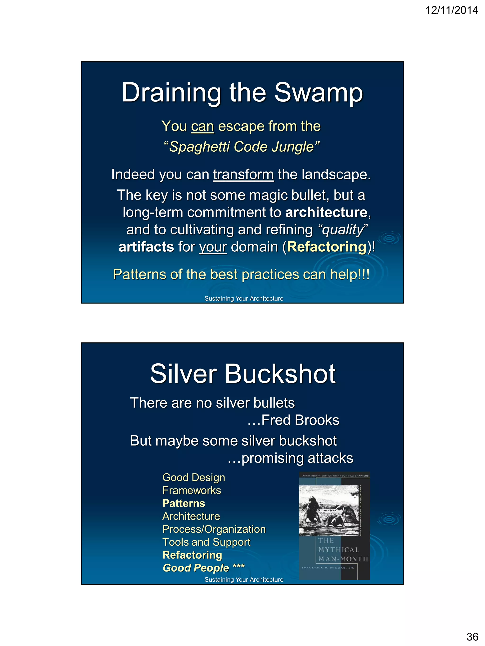 Sustaining Your ArchitectureLegacy Code Change Algorithm Identify change points Find test points Break dependencies Write tests Make changes and refactor  