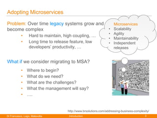 3Di Francesco, Lago, Malavolta
Paolo Di Francesco
Adopting Microservices
Problem: Over time legacy systems grow and
become...