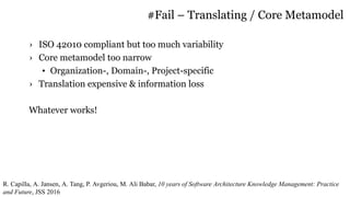 #Fail – Translating / Core Metamodel
› ISO 42010 compliant but too much variability
› Core metamodel too narrow
• Organization-, Domain-, Project-specific
› Translation expensive & information loss
Whatever works!
R. Capilla, A. Jansen, A. Tang, P. Avgeriou, M. Ali Babar, 10 years of Software Architecture Knowledge Management: Practice
and Future, JSS 2016
 