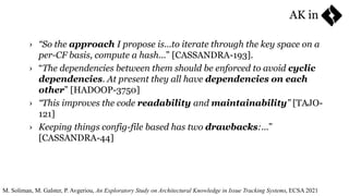 AK in
› “So the approach I propose is...to iterate through the key space on a
per-CF basis, compute a hash...” [CASSANDRA-193].
› “The dependencies between them should be enforced to avoid cyclic
dependencies. At present they all have dependencies on each
other” [HADOOP-3750]
› “This improves the code readability and maintainability” [TAJO-
121]
› Keeping things config-file based has two drawbacks:...”
[CASSANDRA-44]
M. Soliman, M. Galster, P. Avgeriou, An Exploratory Study on Architectural Knowledge in Issue Tracking Systems, ECSA 2021
 