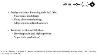 › Design decisions incurring technical debt
• Violation of modularity
• Using obsolete technology
• Adopting non-optimal solutions
› Technical Debt in Architecture
• More impactful and higher priority
• “it prevents production”
Y. Li, M. Soliman, P. Avgeriou, L. Somers, Self-Admitted Technical Debt in the Embedded Systems Industry: An Exploratory
Case Study, IEEE TSE 2023.
AK in {…}
 