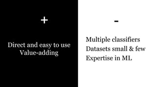 Direct and easy to use
Value-adding
Multiple classifiers
Datasets small & few
Expertise in ML
+ -
 