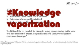 A way to
1. Show where bad decisions are in the system
2. Make them visible to the rest of the team
3. Determine when a problem is fixed
4. Find out if the problem reappears in the future
“[...] this will be very useful, for example, to any person coming to the team
or a new architect of a team. Graphs like this will then provide years of
experience in one go.”
D. Sas, P. Avgeriou, and U. Uyumaz. ”On the evolution and impact of architectural smells—an industrial case study, Empirical Software
Engineering 2022
≠Knowledge
vaporization
AK in</>
 