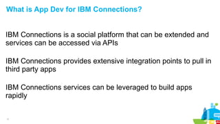 11
What is App Dev for IBM Connections?
IBM Connections is a social platform that can be extended and
services can be accessed via APIs
IBM Connections provides extensive integration points to pull in
third party apps
IBM Connections services can be leveraged to build apps
rapidly
 