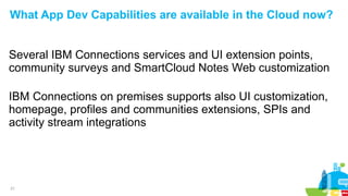 21
What App Dev Capabilities are available in the Cloud now?
Several IBM Connections services and UI extension points,
community surveys and SmartCloud Notes Web customization
IBM Connections on premises supports also UI customization,
homepage, profiles and communities extensions, SPIs and
activity stream integrations
 
